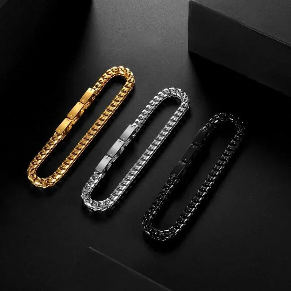 ⭐ Men's Stainless Steel Franco Chain Bracelet Fold Over Clasp 7-8 Inch